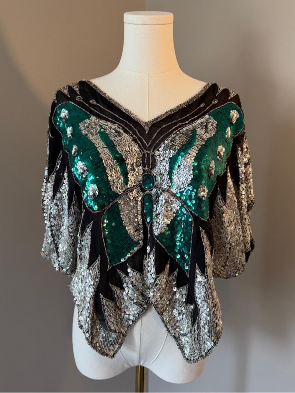 Vintage Embellished Sequin Butterfly Top in Green and Silver